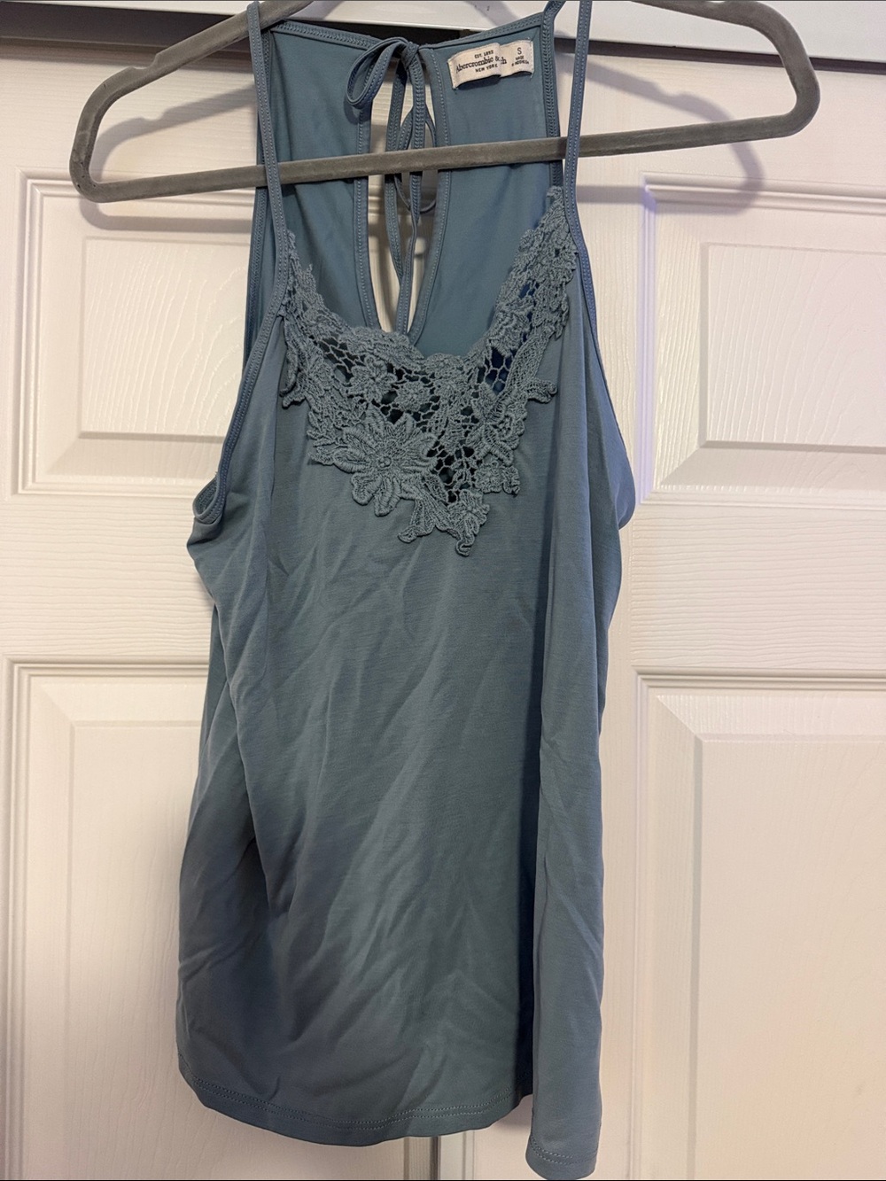Abercrombie and Fitch Crochet-Trim Racerback Camisole in Dusty Blue